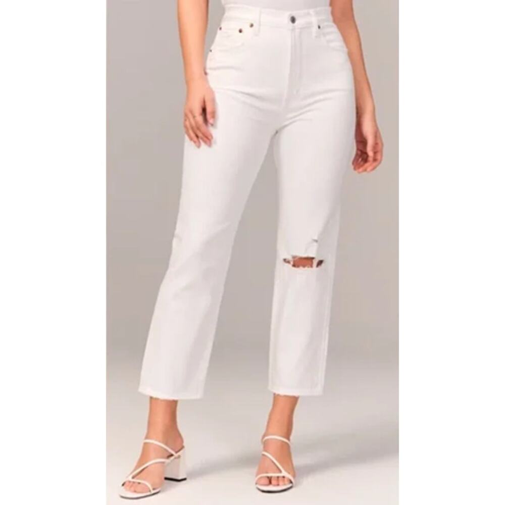 Abercrombie & Fitch Ultra High Rise Ankle Straight Denim Jeans White Destroy 27